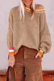 Parchment Colorblock Striped Trim Drop Shoulder Sweater