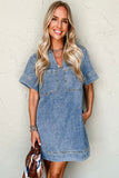 Beau Blue Short Sleeve Collared Patched Pocket Denim Mini Dress