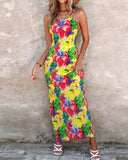 Abstract All Over Print Pleated Design Spaghetti Strap Maxi Dress