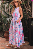 Sky Blue Floral Printed Sleeveless O Neck Knot Waist Maxi Dress