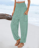 Hollow out Shirred High Waist Cinched Hem Long Pants Vacation Pants with Pocket