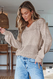 Brown Eyelet Pattern Detail V Neck Drop Shoulder Sweater