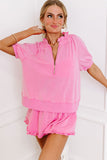 Pink Half Zip Puff Sleeve Top and Ruffled Shorts Set