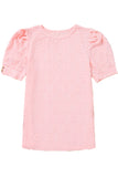 Pink Flower Geometric Textured Button Short Sleeve Top