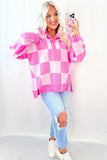 Pink Checkerboard Half Button Collared Drop Shoulder Sweater