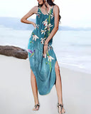 Floral Print V Neck Spaghetti Strap Boho Maxi Dress Casual Pocket Design Slit Vacation Sundress