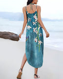 Floral Print V Neck Spaghetti Strap Boho Maxi Dress Casual Pocket Design Slit Vacation Sundress