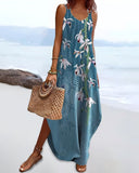Floral Print V Neck Spaghetti Strap Boho Maxi Dress Casual Pocket Design Slit Vacation Sundress