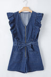 Sail Blue Denim Ruffled Zipped Front Belted Romper