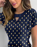 Round Neck Ruffles Short Sleeve Blouse Casual Bronzing Polka Dot Top