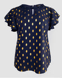 Round Neck Ruffles Short Sleeve Blouse Casual Bronzing Polka Dot Top