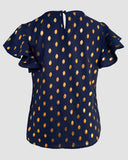 Round Neck Ruffles Short Sleeve Blouse Casual Bronzing Polka Dot Top