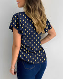 Round Neck Ruffles Short Sleeve Blouse Casual Bronzing Polka Dot Top