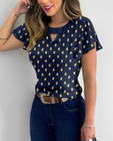 Round Neck Ruffles Short Sleeve Blouse Casual Bronzing Polka Dot Top