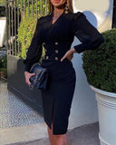 Sheer Mesh Puffed Sleeve Button Design Slit Dress
