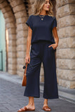 Navy Blue Solid Color Textured Short Sleeve Top and Casual Pants Set