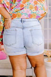 Beau Blue Folded Edge High Waist Plus Size Denim Shorts