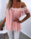 Contrast Lace Cold Shoulder Short Sleeve Ruched Blouse Casual Loose Fit Top