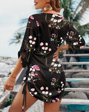 Floral Print V Neck Three Quarters Contrast Lace Cover Up Casual Drawstring Chiffon Dress