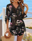 Floral Print V Neck Three Quarters Contrast Lace Cover Up Casual Drawstring Chiffon Dress