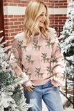 Light Pink Christmas Reindeer Pattern Drop Shoulder Sweater