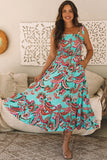 Green Abstract Print Smocked Bodice Knotted Straps Ruffled Maxi Dress