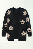 Black Floral Print Knitted Open Front Loose Cardigan