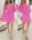 Chiffon V Neck Long Sleeve Romper Tied Detail Backless Skort Overall