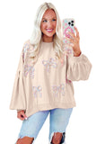 Parchment Embroidered Bow Lantern Sleeve Oversized Pullover Sweatshirt