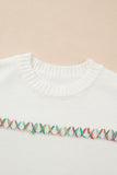 White Colorful Crossed Stitch Drop Shoulder Sweater