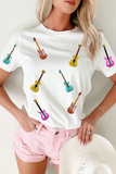 White Guitar Patched Graphic Crew Neck Tee