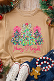 Khaki Merry & Bright Christmas Tree Print Pullover Sweatshirt