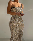 Glitter Lurex One Shoulder Spaghetti Strap Slim Fit Bodycon Allover Sequin Midi Evening Dress