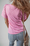 Pink Eyelet Embroidery Scalloped Sleeve Round Neck T Shirt