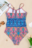 Blue Geometric Print Hollow Out Knotted Waist One Piece Swimsuit