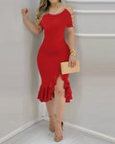 Cold Shoulder Beaded Bodycon Dress Ruffle Hem Slim Fit Party Dress