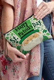 Green Happy St Patricks Day Shamrock Print Wristlet Makeup Bag