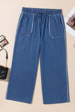 Sail Blue Washed Denim Chambray Loose Plus Size Pants