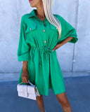 Buttoned Drawstring Flap Detail Shirt Dress