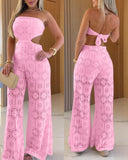 Bandeau Eyelet Embroidery Tied Detail Overalls Casual Cutout Jumpsuit(With Lining)