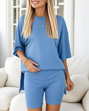 Round Neck Short Sleeve Slit Top and Casual Shorts Set with Single Pocket