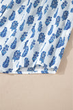 Sky Blue Boho Floral Printed Lantern Sleeve Frilled Neck Shirred Shirt