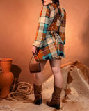 Colorblock Plaid Print Mock Neck Lantern Sleeve Ruched Party Dress Casual Cinched Waist Bakless Tied Detail A Line Dress
