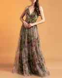 Floral Print Plunge V Neck Spaghetti Strap Maxi Dress Elegant Waist High Slit Mesh Dress