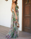 Floral Print Plunge V Neck Spaghetti Strap Maxi Dress Elegant Waist High Slit Mesh Dress