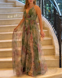 Floral Print Plunge V Neck Spaghetti Strap Maxi Dress Elegant Waist High Slit Mesh Dress