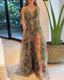 Floral Print Plunge V Neck Spaghetti Strap Maxi Dress Elegant Waist High Slit Mesh Dress