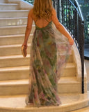 Floral Print Plunge V Neck Spaghetti Strap Maxi Dress Elegant Waist High Slit Mesh Dress