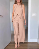 2 Pieces Outfit Round Neck Sleeveless Asymmetric Design Cut Top and Casual Elastic Waist Wide Leg Pants Set