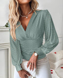 V Neck Eyelet Hollow out Ruched Lantern Sleeve Tee Casual Top